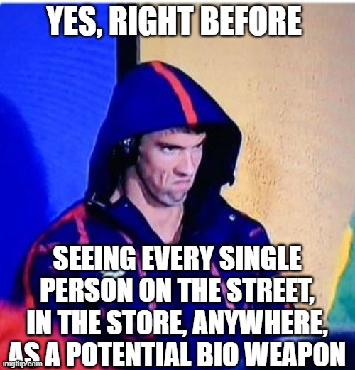Michael Phelps Death Stare Meme | YES, RIGHT BEFORE SEEING EVERY SINGLE PERSON ON THE STREET, IN THE STORE, ANYWHERE, AS A POTENTIAL BIO WEAPON | image tagged in memes,michael phelps death stare | made w/ Imgflip meme maker
