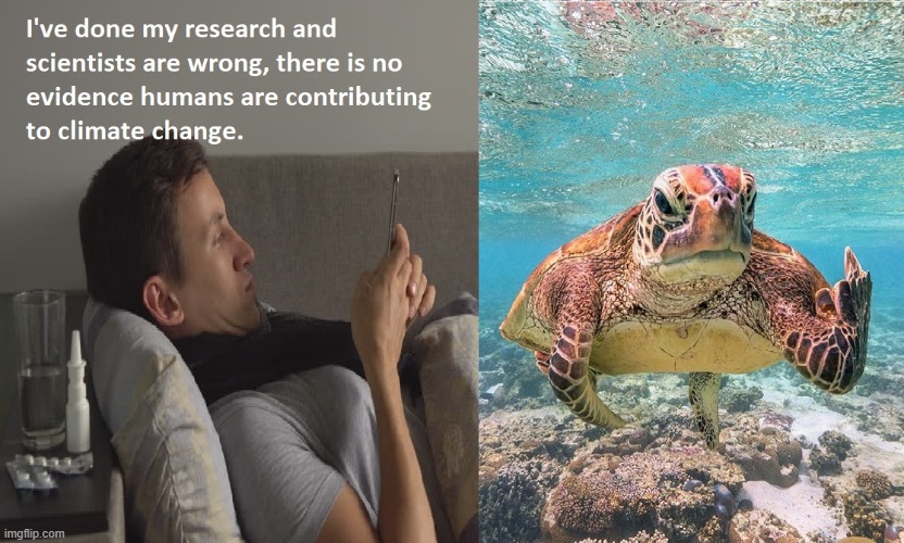 Facebook Scientists | image tagged in climate change,facebook doctorate,sad but true,turtle | made w/ Imgflip meme maker