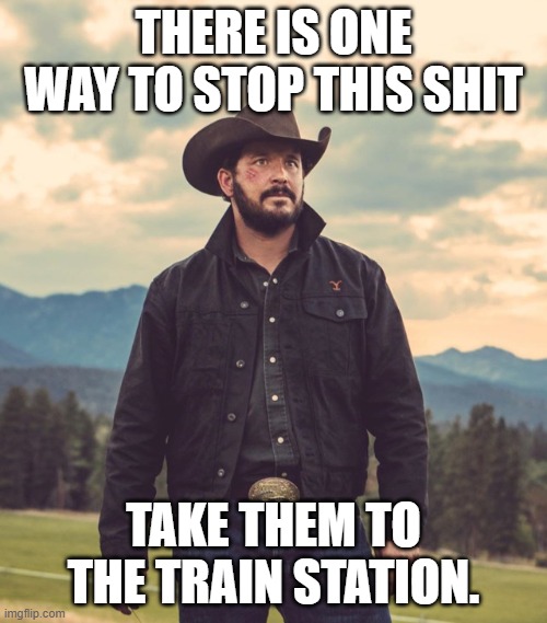 Take you to the train station | THERE IS ONE WAY TO STOP THIS SHIT; TAKE THEM TO THE TRAIN STATION. | image tagged in take you to the train station | made w/ Imgflip meme maker