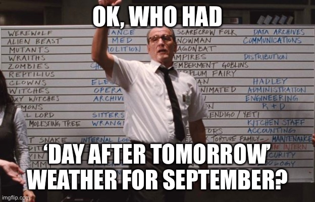Who had 2020 | OK, WHO HAD; ‘DAY AFTER TOMORROW’ WEATHER FOR SEPTEMBER? | image tagged in cabin the the woods | made w/ Imgflip meme maker