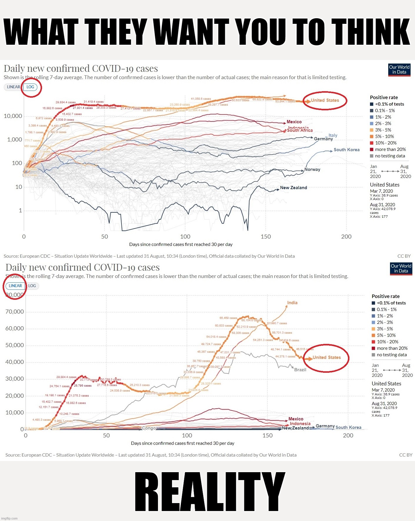 How to lie with statistics lesson 1. | WHAT THEY WANT YOU TO THINK; REALITY | image tagged in politics,covid19,statistics,scumbag government,media lies,kung flu | made w/ Imgflip meme maker