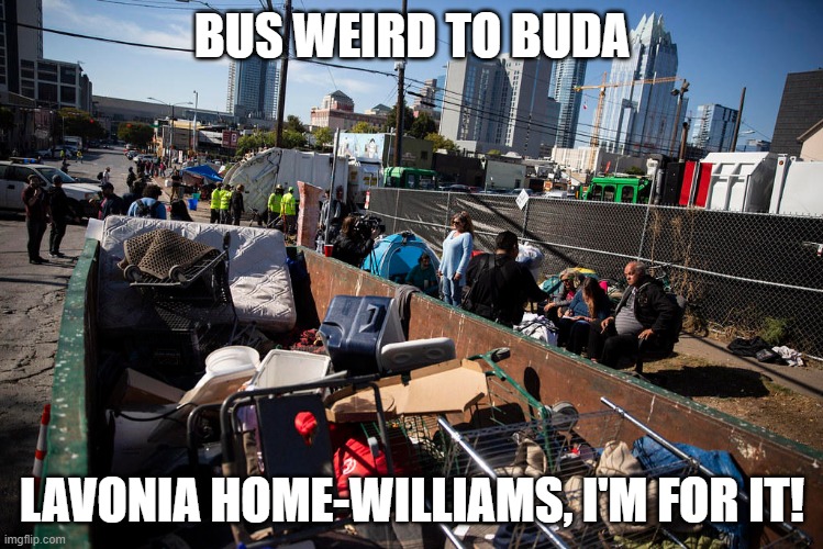 Bus Weird to Buda - Lavonia Home-Williams, I'm for It! | BUS WEIRD TO BUDA; LAVONIA HOME-WILLIAMS, I'M FOR IT! | image tagged in lavonia home-williams,buda,city council,capmetro,bus,homeless | made w/ Imgflip meme maker