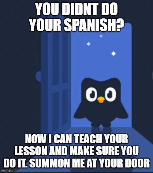 Duolingo bird | YOU DIDNT DO YOUR SPANISH? NOW I CAN TEACH YOUR LESSON AND MAKE SURE YOU DO IT. SUMMON ME AT YOUR DOOR | image tagged in duolingo bird | made w/ Imgflip meme maker