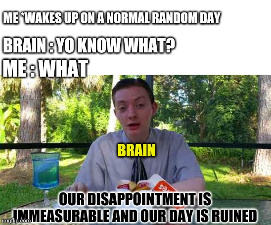 Our day ruined | ME *WAKES UP ON A NORMAL RANDOM DAY; BRAIN : YO KNOW WHAT? ME : WHAT; BRAIN; OUR DISAPPOINTMENT IS IMMEASURABLE AND OUR DAY IS RUINED | image tagged in funny | made w/ Imgflip meme maker