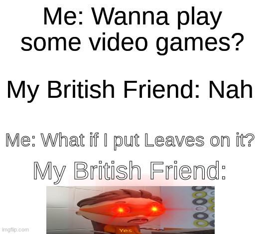 emeM | Me: Wanna play some video games? My British Friend: Nah; Me: What if I put Leaves on it? My British Friend: | image tagged in lol,dank memes,cheeseburger | made w/ Imgflip meme maker
