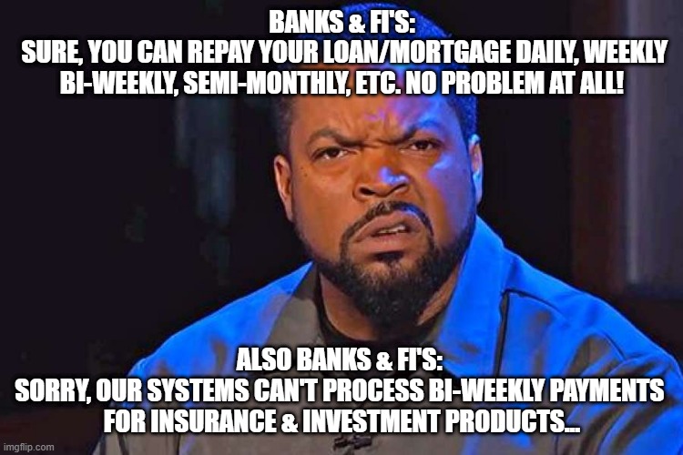 North American Financial Services | BANKS & FI'S:
 SURE, YOU CAN REPAY YOUR LOAN/MORTGAGE DAILY, WEEKLY BI-WEEKLY, SEMI-MONTHLY, ETC. NO PROBLEM AT ALL! ALSO BANKS & FI'S: 
SORRY, OUR SYSTEMS CAN'T PROCESS BI-WEEKLY PAYMENTS 
FOR INSURANCE & INVESTMENT PRODUCTS... | image tagged in ice cube wtf face | made w/ Imgflip meme maker