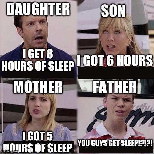 Family meme 1 | SON; DAUGHTER; I GET 8 HOURS OF SLEEP; I GOT 6 HOURS; FATHER; MOTHER; I GOT 5 HOURS OF SLEEP; YOU GUYS GET SLEEP!?!?! | image tagged in you guys are getting paid template | made w/ Imgflip meme maker