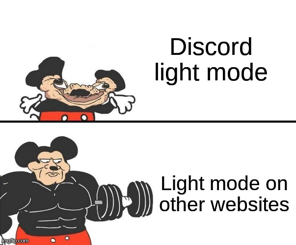 Light mode | Discord light mode; Light mode on other websites | image tagged in lights,model,buff mickey mouse,discord,website,apps | made w/ Imgflip meme maker