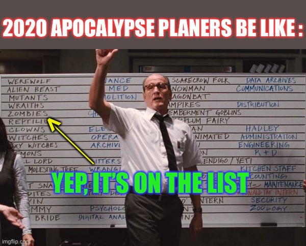 Cabin the the woods | YEP, IT’S ON THE LIST ____ > 2020 APOCALYPSE PLANERS BE LIKE : | image tagged in cabin the the woods | made w/ Imgflip meme maker