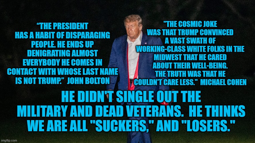 President Pandemic, Equal Opportunity Loather | "THE COSMIC JOKE WAS THAT TRUMP CONVINCED A VAST SWATH OF WORKING-CLASS WHITE FOLKS IN THE MIDWEST THAT HE CARED ABOUT THEIR WELL-BEING. THE TRUTH WAS THAT HE COULDN'T CARE LESS."  MICHAEL COHEN; “THE PRESIDENT HAS A HABIT OF DISPARAGING PEOPLE. HE ENDS UP DENIGRATING ALMOST EVERYBODY HE COMES IN CONTACT WITH WHOSE LAST NAME IS NOT TRUMP.”  JOHN BOLTON; HE DIDN'T SINGLE OUT THE MILITARY AND DEAD VETERANS.  HE THINKS WE ARE ALL "SUCKERS," AND "LOSERS." | image tagged in politics | made w/ Imgflip meme maker