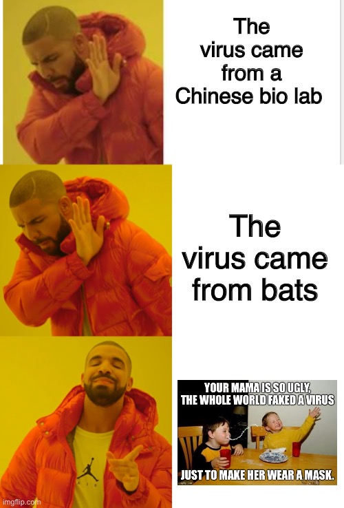Thanks, WayneUrso | The virus came from a Chinese bio lab; The virus came from bats | image tagged in memes,drake hotline bling,coronavirus,yo mamas so fat | made w/ Imgflip meme maker