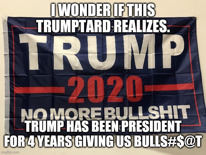 Trump no more bs | I WONDER IF THIS TRUMPTARD REALIZES. TRUMP HAS BEEN PRESIDENT FOR 4 YEARS GIVING US BULLS#$@T | image tagged in trump,trump supporters,2020 elections,trump 2020,joe biden,trump lies | made w/ Imgflip meme maker