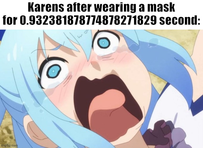 MWAAAA | Karens after wearing a mask for 0.932381878774878271829 second: | image tagged in konosuba,anime,memes,bruh,meme,karen | made w/ Imgflip meme maker