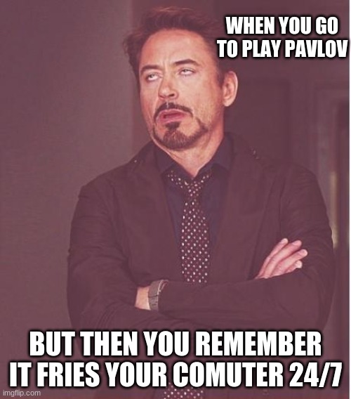 Face You Make Robert Downey Jr Meme | WHEN YOU GO TO PLAY PAVLOV; BUT THEN YOU REMEMBER IT FRIES YOUR COMUTER 24/7 | image tagged in memes,face you make robert downey jr | made w/ Imgflip meme maker