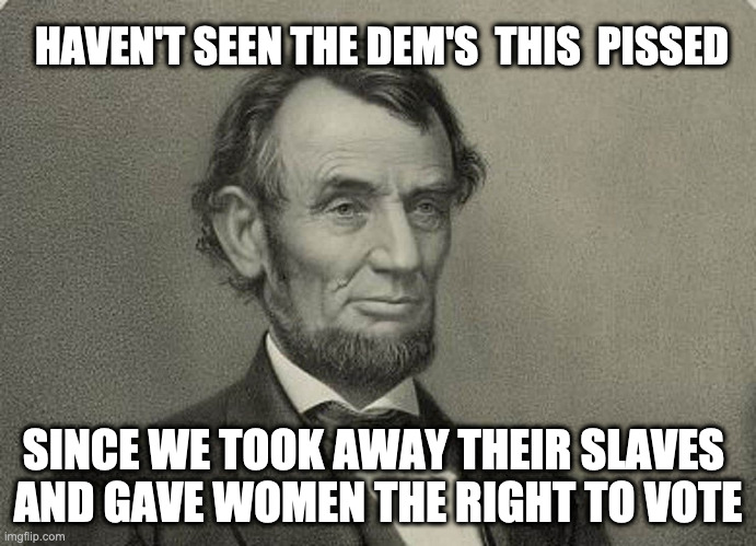 Preach Abe, Preach | HAVEN'T SEEN THE DEM'S  THIS  PISSED; SINCE WE TOOK AWAY THEIR SLAVES 
AND GAVE WOMEN THE RIGHT TO VOTE | image tagged in abe,democrats,slave,vote,meme,lordofmidgets | made w/ Imgflip meme maker