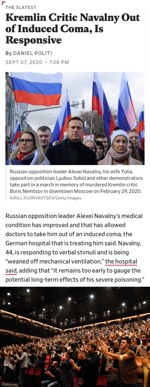 Good for him. Shame on Putin and everyone in his government who was and remains complicit. | image tagged in standing ovation,navalny recovers,poison,meanwhile in russia,vladimir putin,putin | made w/ Imgflip meme maker