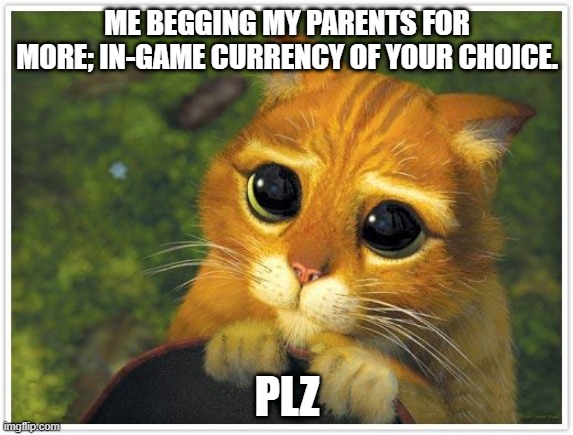 I need the IN-GAME CURRENCY OF YOUR CHOICE. | ME BEGGING MY PARENTS FOR MORE; IN-GAME CURRENCY OF YOUR CHOICE. PLZ | image tagged in memes,shrek cat | made w/ Imgflip meme maker