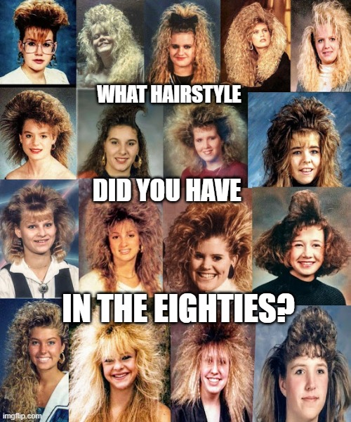 80's hair | WHAT HAIRSTYLE; DID YOU HAVE; IN THE EIGHTIES? | image tagged in 80's,hairstyle | made w/ Imgflip meme maker