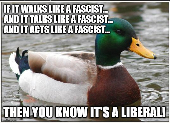 100% sure fire way you'll know! | IF IT WALKS LIKE A FASCIST...
AND IT TALKS LIKE A FASCIST...
AND IT ACTS LIKE A FASCIST... THEN YOU KNOW IT'S A LIBERAL! | image tagged in memes,actual advice mallard,fascist,fascism,liberals | made w/ Imgflip meme maker
