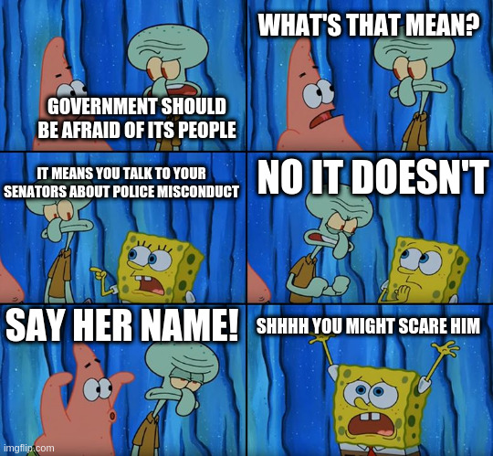 Stop it, Patrick! You're Scaring Him! | WHAT'S THAT MEAN? GOVERNMENT SHOULD BE AFRAID OF ITS PEOPLE; IT MEANS YOU TALK TO YOUR SENATORS ABOUT POLICE MISCONDUCT; NO IT DOESN'T; SAY HER NAME! SHHHH YOU MIGHT SCARE HIM | image tagged in stop it patrick you're scaring him | made w/ Imgflip meme maker