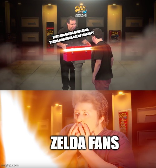 The Legend of Zelda Age of Calamity Meme | NINTENDO GIVING UPDATES ON HYRULE WARRIORS: AGE OF CALAMITY; ZELDA FANS | image tagged in treasure chest | made w/ Imgflip meme maker