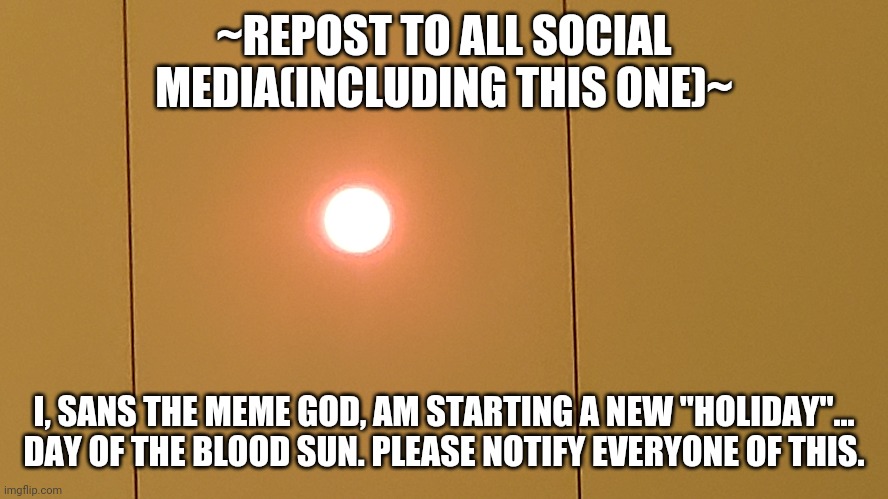 The results of people not doing anything about wild fires. | ~REPOST TO ALL SOCIAL MEDIA(INCLUDING THIS ONE)~; I, SANS THE MEME GOD, AM STARTING A NEW "HOLIDAY"... DAY OF THE BLOOD SUN. PLEASE NOTIFY EVERYONE OF THIS. | image tagged in day of the blood sun | made w/ Imgflip meme maker