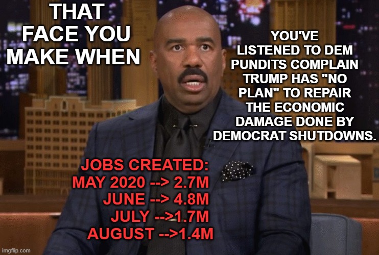 Dem Pundits on Jobs | THAT FACE YOU MAKE WHEN; YOU'VE LISTENED TO DEM PUNDITS COMPLAIN TRUMP HAS "NO PLAN" TO REPAIR THE ECONOMIC DAMAGE DONE BY DEMOCRAT SHUTDOWNS. JOBS CREATED: 
MAY 2020 --> 2.7M 
JUNE --> 4.8M 
JULY -->1.7M 
AUGUST -->1.4M | image tagged in democrat pundits,democrat shutdowns,trump recovery,v-shaped recovery,2020 jobs,trump2020 | made w/ Imgflip meme maker