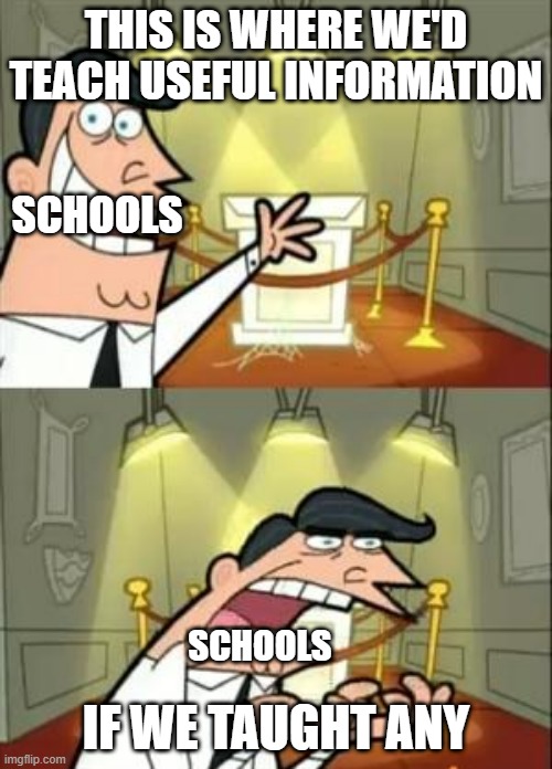 How do I pay the bills? | THIS IS WHERE WE'D TEACH USEFUL INFORMATION; SCHOOLS; IF WE TAUGHT ANY; SCHOOLS | image tagged in memes,this is where i'd put my trophy if i had one,school,useless stuff,funny,stop reading the tags | made w/ Imgflip meme maker