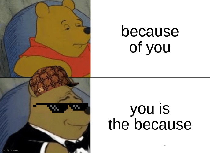lol | because of you; you is the because | image tagged in memes,tuxedo winnie the pooh | made w/ Imgflip meme maker