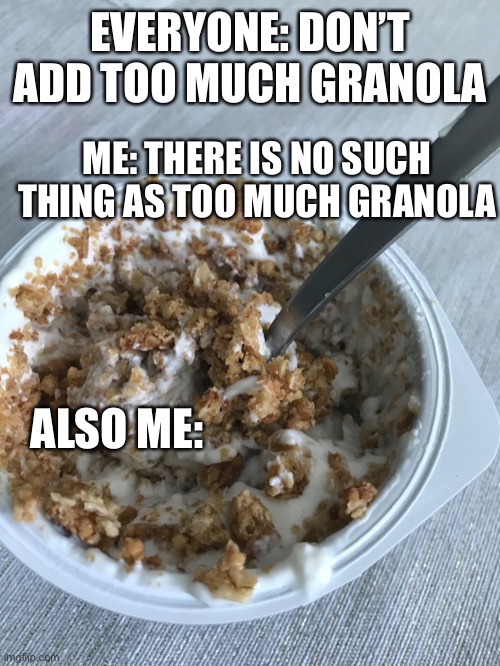 EVERYONE: DON’T ADD TOO MUCH GRANOLA; ME: THERE IS NO SUCH THING AS TOO MUCH GRANOLA; ALSO ME: | image tagged in one does not simply | made w/ Imgflip meme maker