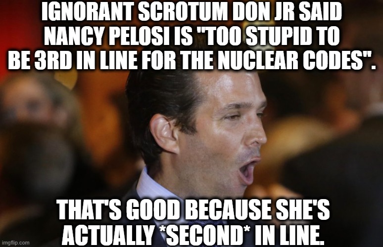 Another Swing And A Miss! |  IGNORANT SCROTUM DON JR SAID NANCY PELOSI IS "TOO STUPID TO BE 3RD IN LINE FOR THE NUCLEAR CODES". THAT'S GOOD BECAUSE SHE'S ACTUALLY *SECOND* IN LINE. | image tagged in donald trump,donald trump jr,nancy pelosi,nuclear war,traitors,stupid | made w/ Imgflip meme maker