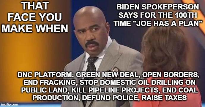 Joe Has a Plan LOL | THAT FACE YOU MAKE WHEN; BIDEN SPOKEPERSON SAYS FOR THE 100TH TIME "JOE HAS A PLAN"; DNC PLATFORM: GREEN NEW DEAL, OPEN BORDERS,
 END FRACKING, STOP DOMESTIC OIL DRILLING ON
 PUBLIC LAND, KILL PIPELINE PROJECTS, END COAL
 PRODUCTION, DEFUND POLICE, RAISE TAXES | image tagged in biden meme,open borders,raise taxes,dnc platform,dem policies,socialist manifesto | made w/ Imgflip meme maker