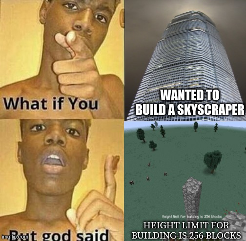memes | WANTED TO BUILD A SKYSCRAPER; HEIGHT LIMIT FOR BUILDING IS 256 BLOCKS | image tagged in what if you wanted to go to heaven | made w/ Imgflip meme maker