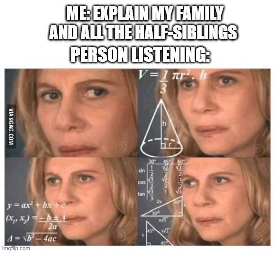 when I explain my family tree | ME: EXPLAIN MY FAMILY AND ALL THE HALF-SIBLINGS; PERSON LISTENING: | image tagged in thinking lady,family | made w/ Imgflip meme maker
