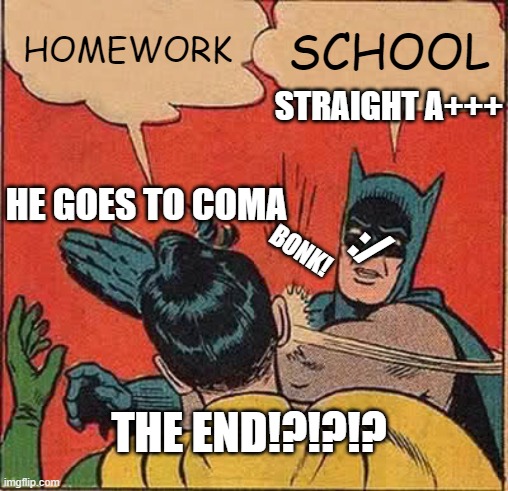 Batman Slapping Robin Meme | HOMEWORK; SCHOOL; STRAIGHT A+++; HE GOES TO COMA; :/; BONK! THE END!?!?!? | image tagged in memes,batman slapping robin | made w/ Imgflip meme maker