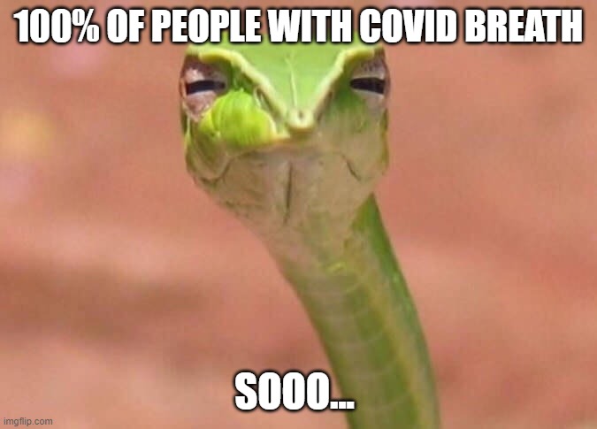 disease snake |  100% OF PEOPLE WITH COVID BREATH; SOOO... | image tagged in skeptical snake | made w/ Imgflip meme maker