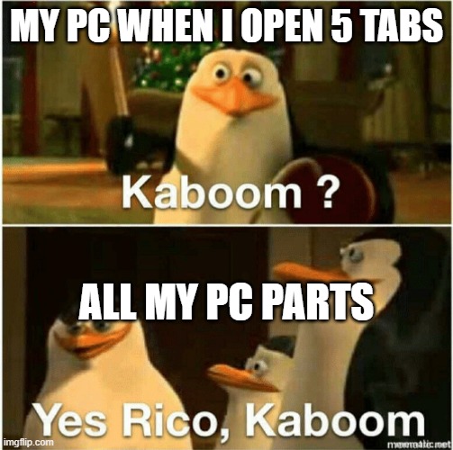 Kaboom? Yes Rico, Kaboom. | MY PC WHEN I OPEN 5 TABS; ALL MY PC PARTS | image tagged in kaboom yes rico kaboom | made w/ Imgflip meme maker