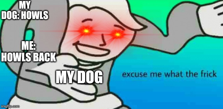Excuse Me What The Frick | MY DOG: HOWLS; ME: HOWLS BACK; MY DOG | image tagged in excuse me what the frick | made w/ Imgflip meme maker