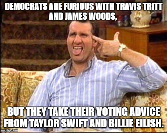 al bundy couch shooting | DEMOCRATS ARE FURIOUS WITH TRAVIS TRITT
AND JAMES WOODS, BUT THEY TAKE THEIR VOTING ADVICE FROM TAYLOR SWIFT AND BILLIE EILISH. | image tagged in al bundy couch shooting,james woods,travis tritt,billie eilish,taylor swift,democrats | made w/ Imgflip meme maker
