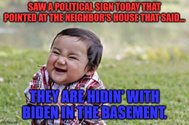 Evil Toddler | SAW A POLITICAL SIGN TODAY THAT POINTED AT THE NEIGHBOR'S HOUSE THAT SAID... THEY ARE HIDIN' WITH BIDEN IN THE BASEMENT. | image tagged in memes,evil toddler | made w/ Imgflip meme maker