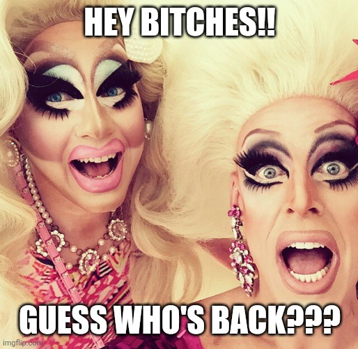 Surprised Drag Queens | HEY BITCHES!! GUESS WHO'S BACK??? | image tagged in surprised drag queens | made w/ Imgflip meme maker