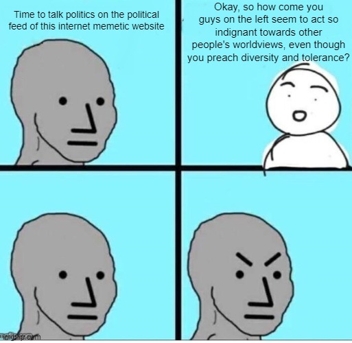 When the liberal enters the server | Okay, so how come you guys on the left seem to act so indignant towards other people's worldviews, even though you preach diversity and tolerance? Time to talk politics on the political feed of this internet memetic website | image tagged in npc 4 panel | made w/ Imgflip meme maker