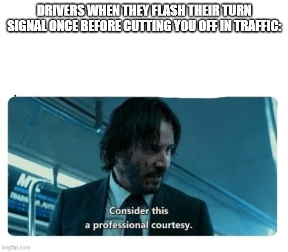 I've never watched a John Wick movie btw | DRIVERS WHEN THEY FLASH THEIR TURN SIGNAL ONCE BEFORE CUTTING YOU OFF IN TRAFFIC: | image tagged in keanu professional courtesy blank | made w/ Imgflip meme maker