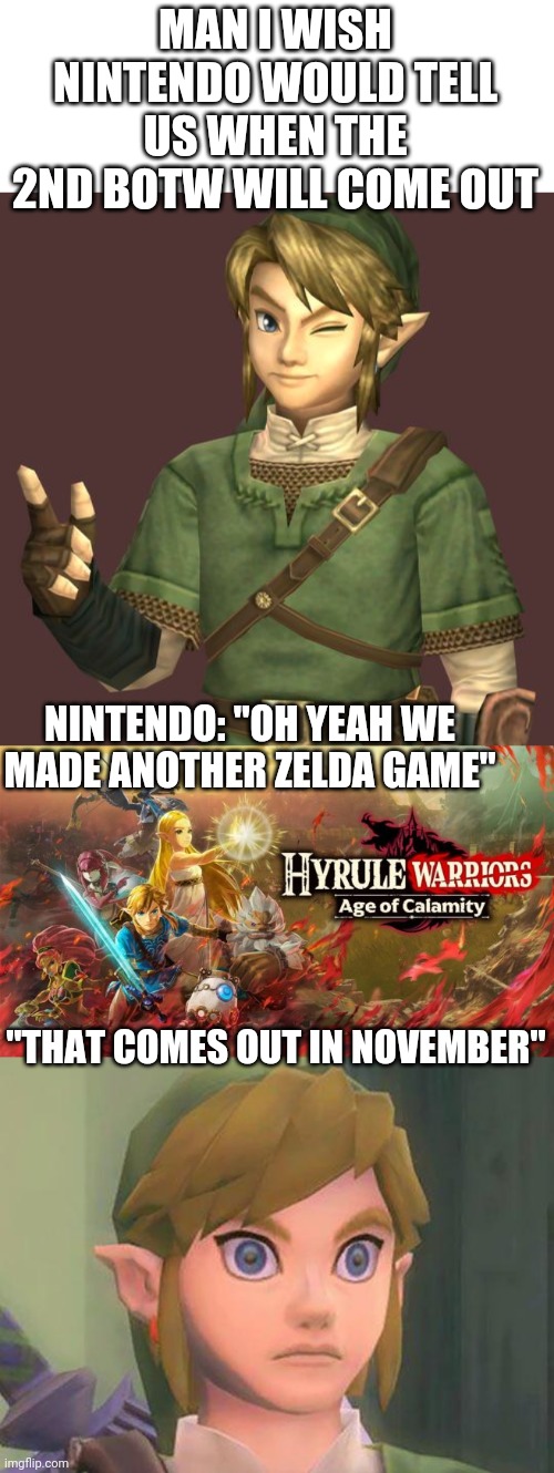 NINTENDO COMES OUT OF NOWHERE | MAN I WISH NINTENDO WOULD TELL US WHEN THE 2ND BOTW WILL COME OUT; NINTENDO: "OH YEAH WE MADE ANOTHER ZELDA GAME"; "THAT COMES OUT IN NOVEMBER" | image tagged in zelda,nintendo,nintendo switch,the legend of zelda,the legend of zelda breath of the wild,link | made w/ Imgflip meme maker