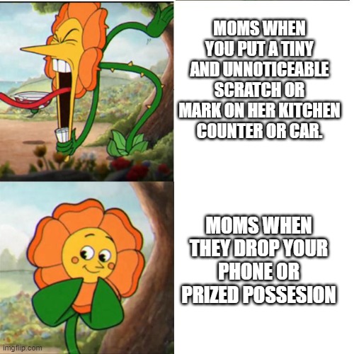 Cuphead Flower | MOMS WHEN YOU PUT A TINY AND UNNOTICEABLE SCRATCH OR MARK ON HER KITCHEN COUNTER OR CAR. MOMS WHEN THEY DROP YOUR PHONE OR PRIZED POSSESION | image tagged in cuphead flower | made w/ Imgflip meme maker