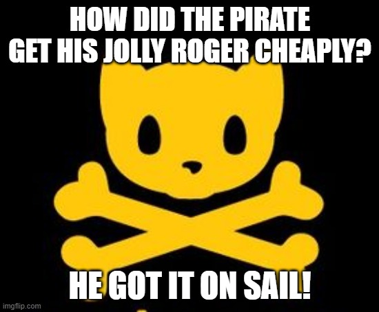 I am not part of the crew yet, but can i post this? | HOW DID THE PIRATE GET HIS JOLLY ROGER CHEAPLY? HE GOT IT ON SAIL! | image tagged in pirate cat | made w/ Imgflip meme maker