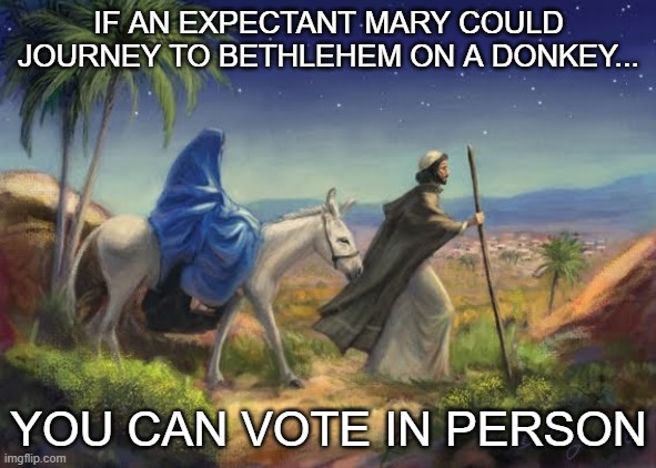 Virgin Mary on donkey | IF AN EXPECTANT MARY COULD JOURNEY TO BETHLEHEM ON A DONKEY... YOU CAN VOTE IN PERSON | image tagged in donkey,voting,election 2020,2020 | made w/ Imgflip meme maker