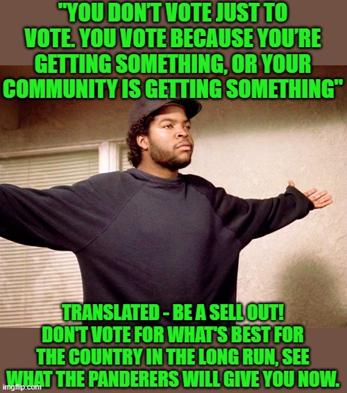 Ice Cube Selling Out! | "YOU DON’T VOTE JUST TO VOTE. YOU VOTE BECAUSE YOU’RE GETTING SOMETHING, OR YOUR COMMUNITY IS GETTING SOMETHING"; TRANSLATED - BE A SELL OUT! DON'T VOTE FOR WHAT'S BEST FOR THE COUNTRY IN THE LONG RUN, SEE WHAT THE PANDERERS WILL GIVE YOU NOW. | image tagged in ice cube,sell out,voting for dollars | made w/ Imgflip meme maker