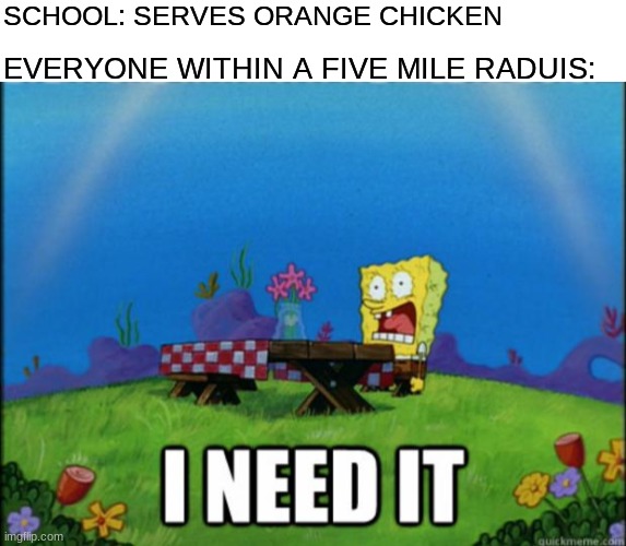OrAnGe ChIcKeN | SCHOOL: SERVES ORANGE CHICKEN; EVERYONE WITHIN A FIVE MILE RADUIS: | image tagged in spongebob i need it,blank white template,memes,funny | made w/ Imgflip meme maker