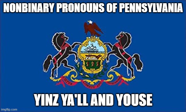NONBINARY PRONOUNS OF PENNSYLVANIA; YINZ YA'LL AND YOUSE | image tagged in nonbinary,gay pride,pronouns,pennsylvania | made w/ Imgflip meme maker